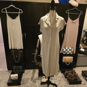 Frette LuxuryNewW/Tags 2025 Beige Nightgown Pyjamas w/Blue Trim Button Down